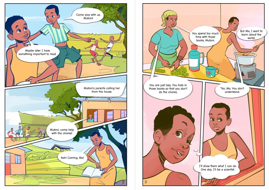 Comic spread: friends call Mutoni to play, she says she has something important to read, and her mother says she spends too much time with books. Mutoni answers that one day she will be a scientist.