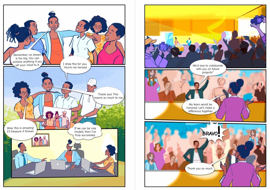 Comic spread: Mutoni, now a role model, is thanked by young people with a drawing, then is cheered on a stage after offering to collaborate on future projects.